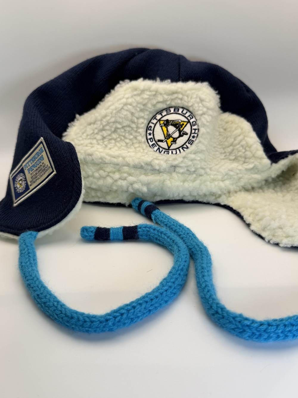 Pittsburgh Penguins Blue Sherpa Lined Knit Trapper Hat Adult Earflap Tassels